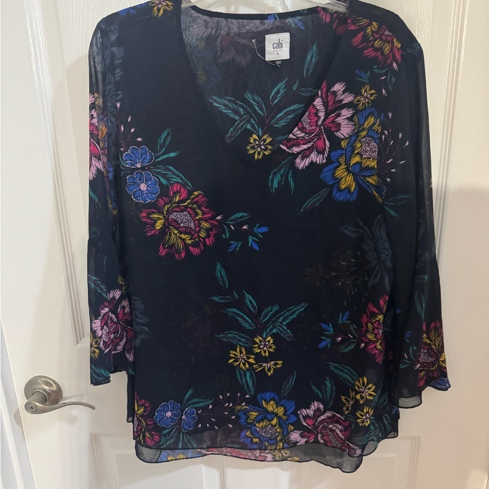 CAbi Women's Black Blouse with Vibrant Floral Design Business Casual
